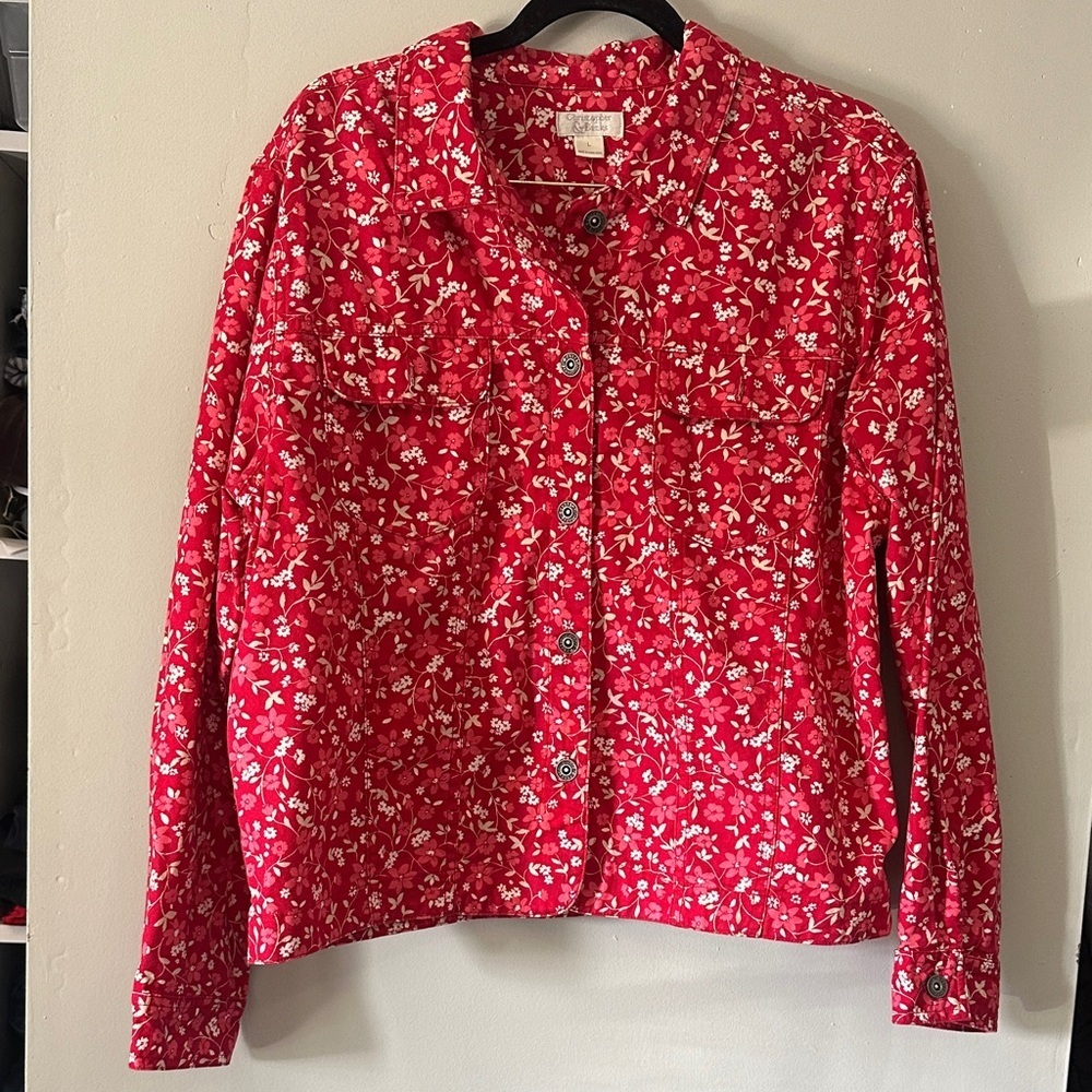 Christopher & Banks Red Floral jacket  size L 100% cotton vintage
